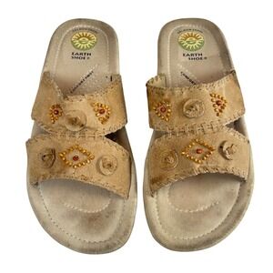 Earth Shoe Conway Slide Sandals Sz 11 Tan Suede Beaded Whipstitch Boho‎ Comfort